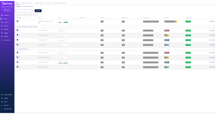 Policy-Übersicht: Ihre Regeln erlauben oder beschränken Netzwerkaktivitäten GUI Ansicht des Produkts Cognitix Threat Defender